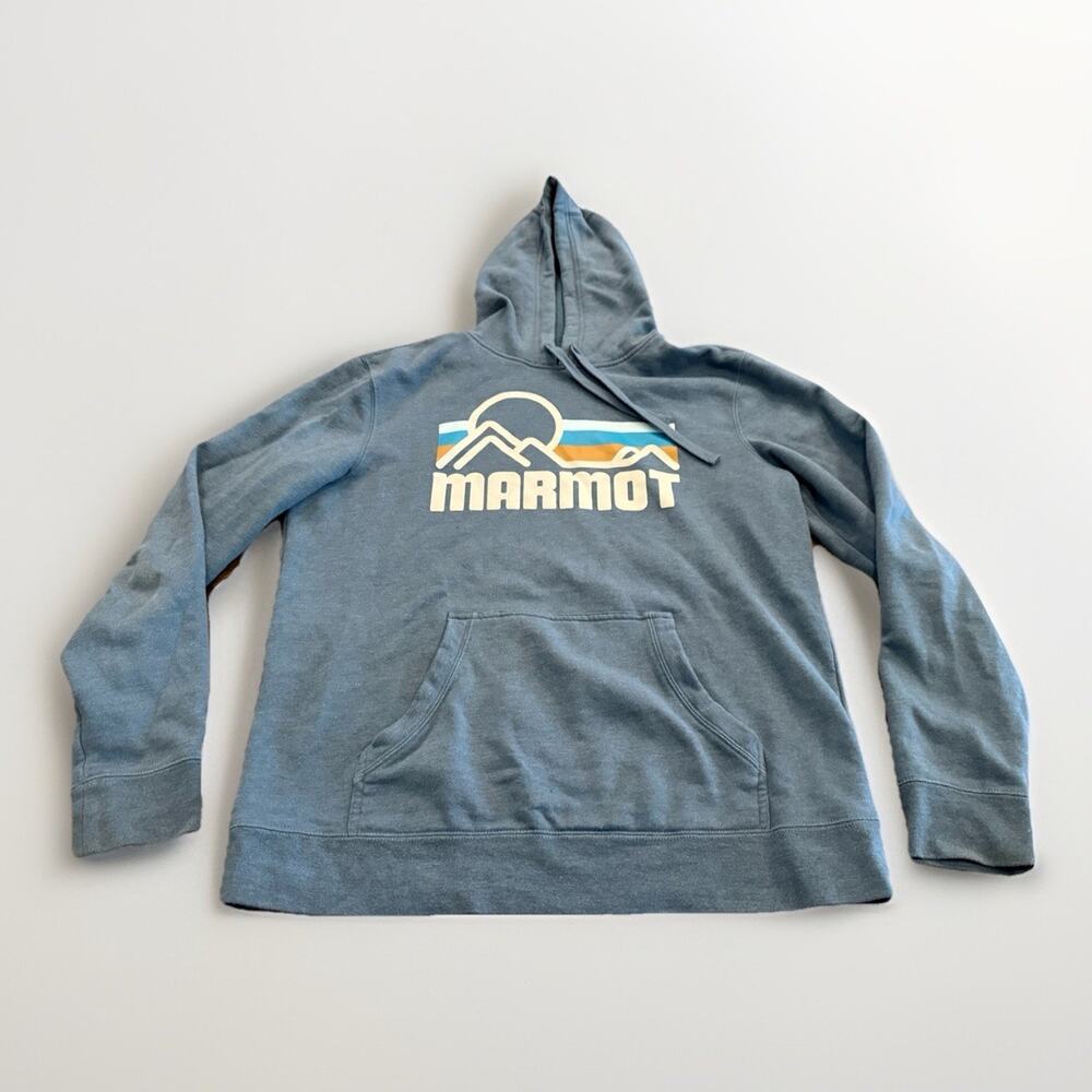 Marmot Mens Blue Graphic Logo Pullover Hooded Sweatshirt Kangaroo Pocket Size L